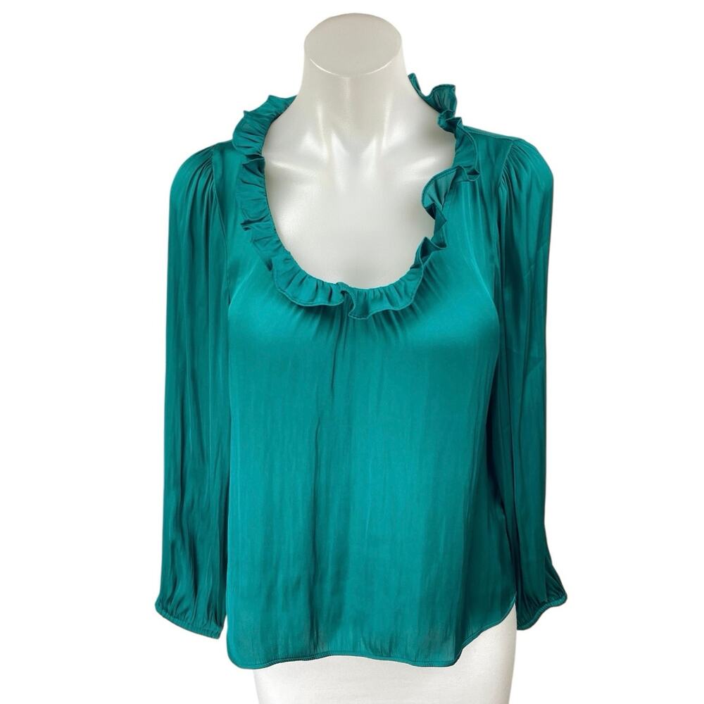 J.Crew Teal Blue Green Long Sleeve Scoop Ruffle Neck Pullover Blouse Top Size S